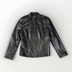 Revue Leather Jacket Womens L Black Pleated‎ Neck Full Zip Outerwear